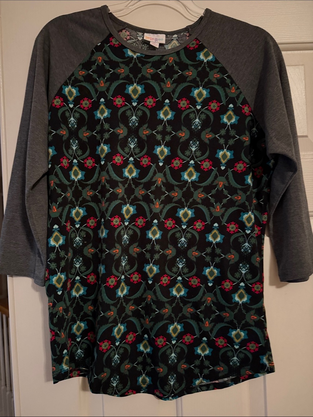 LuLaRoe Black Floral Medallion Raglan with Gray Sleeves